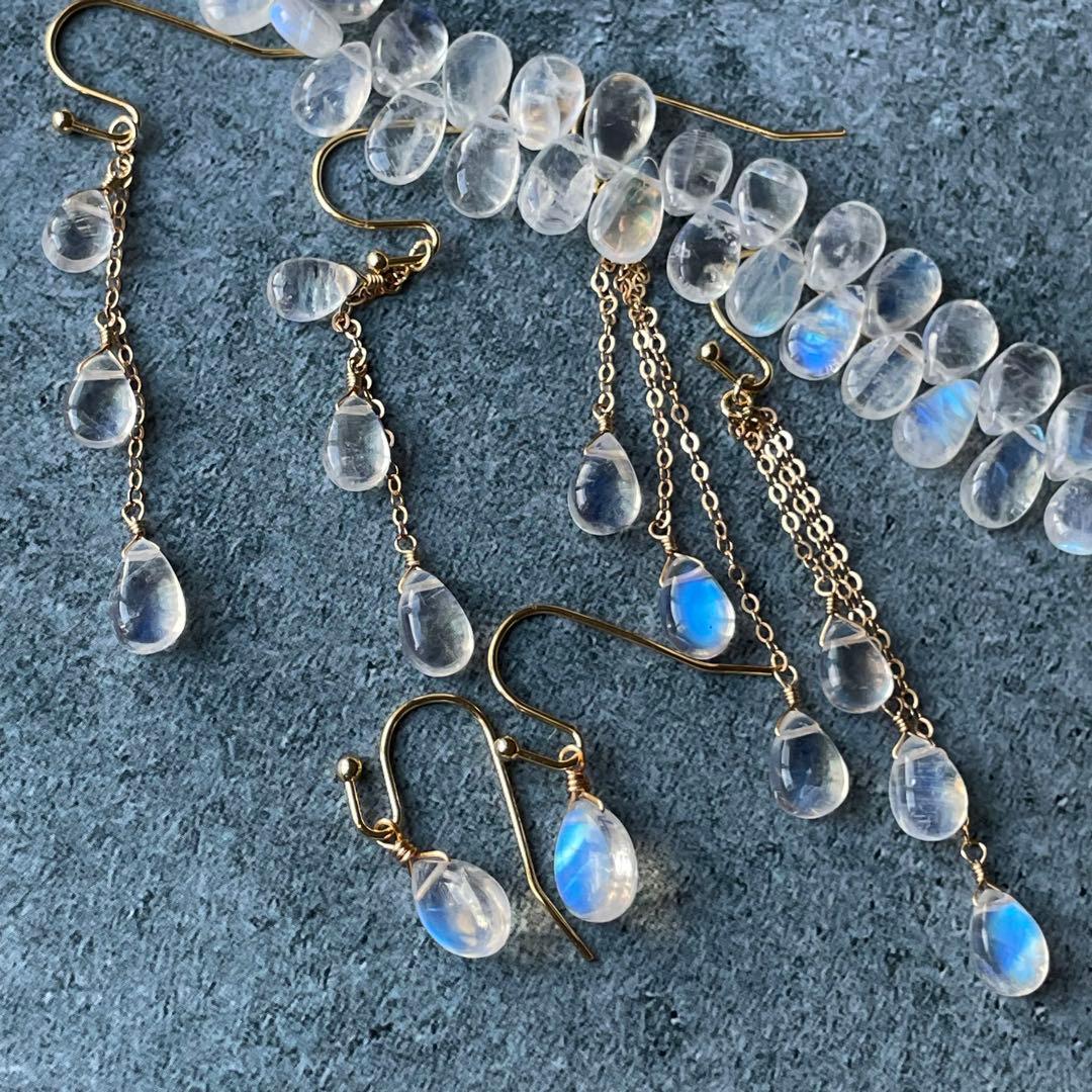 宝石質 シラーばっちり 極上 ムーンストーン 一粒 シンプル ピアス 14kgf