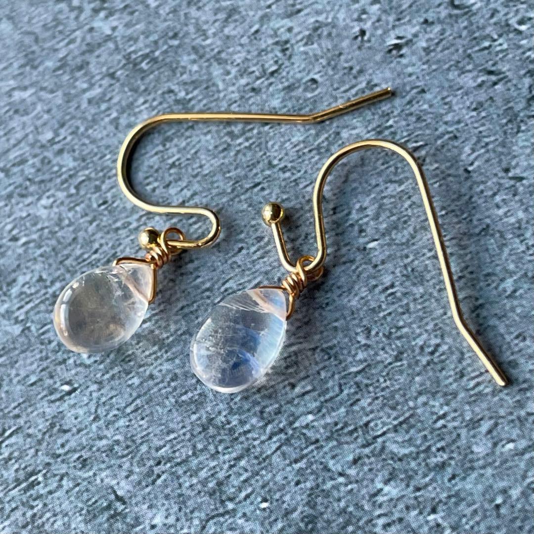 宝石質 シラーばっちり 極上 ムーンストーン 一粒 シンプル ピアス 14kgf