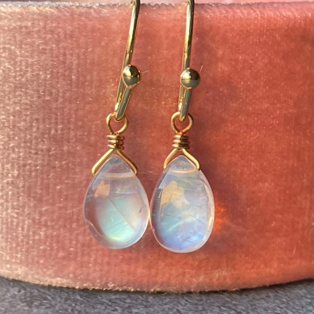 宝石質 シラーばっちり 極上 ムーンストーン 一粒 シンプル ピアス 14kgf