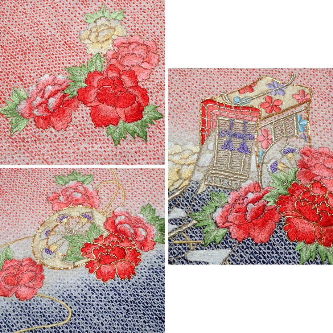 7歳　正絹赤総絞り刺繍御所車牡丹　七五三　お着物フルセット　アンティーク