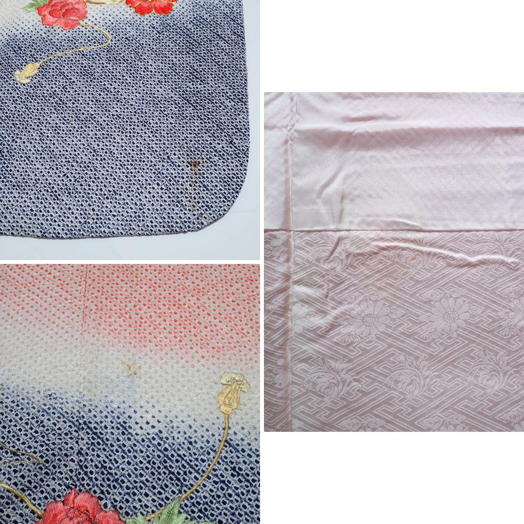 7歳　正絹赤総絞り刺繍御所車牡丹　七五三　お着物フルセット　アンティーク