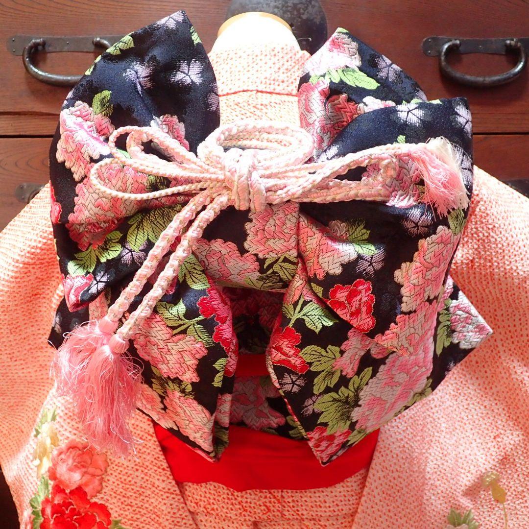 7歳　正絹赤総絞り刺繍御所車牡丹　七五三　お着物フルセット　アンティーク