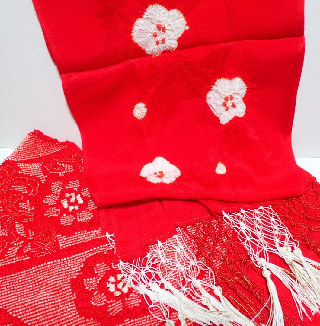 7歳　正絹赤総絞り刺繍御所車牡丹　七五三　お着物フルセット　アンティーク