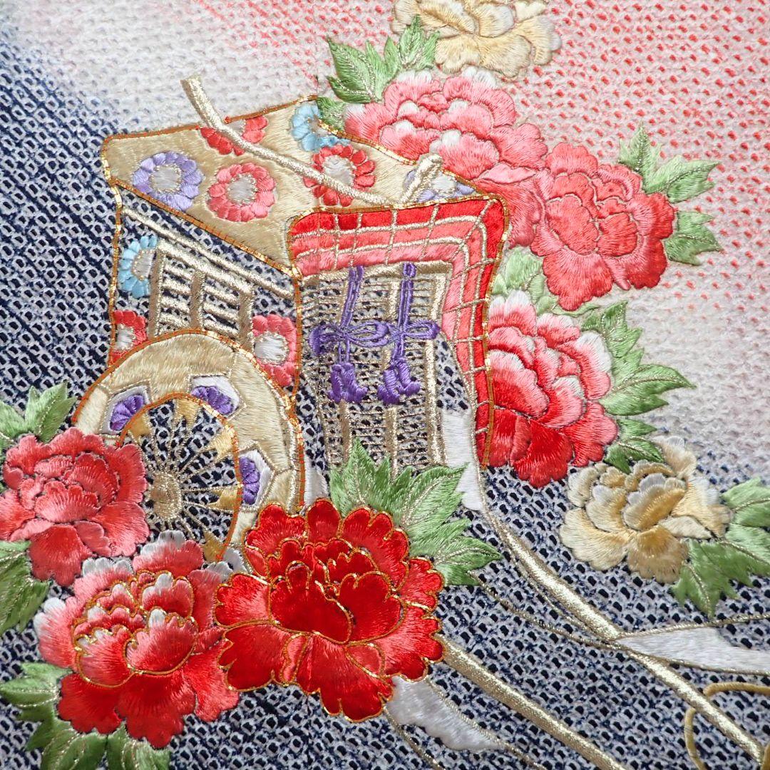 7歳　正絹赤総絞り刺繍御所車牡丹　七五三　お着物フルセット　アンティーク