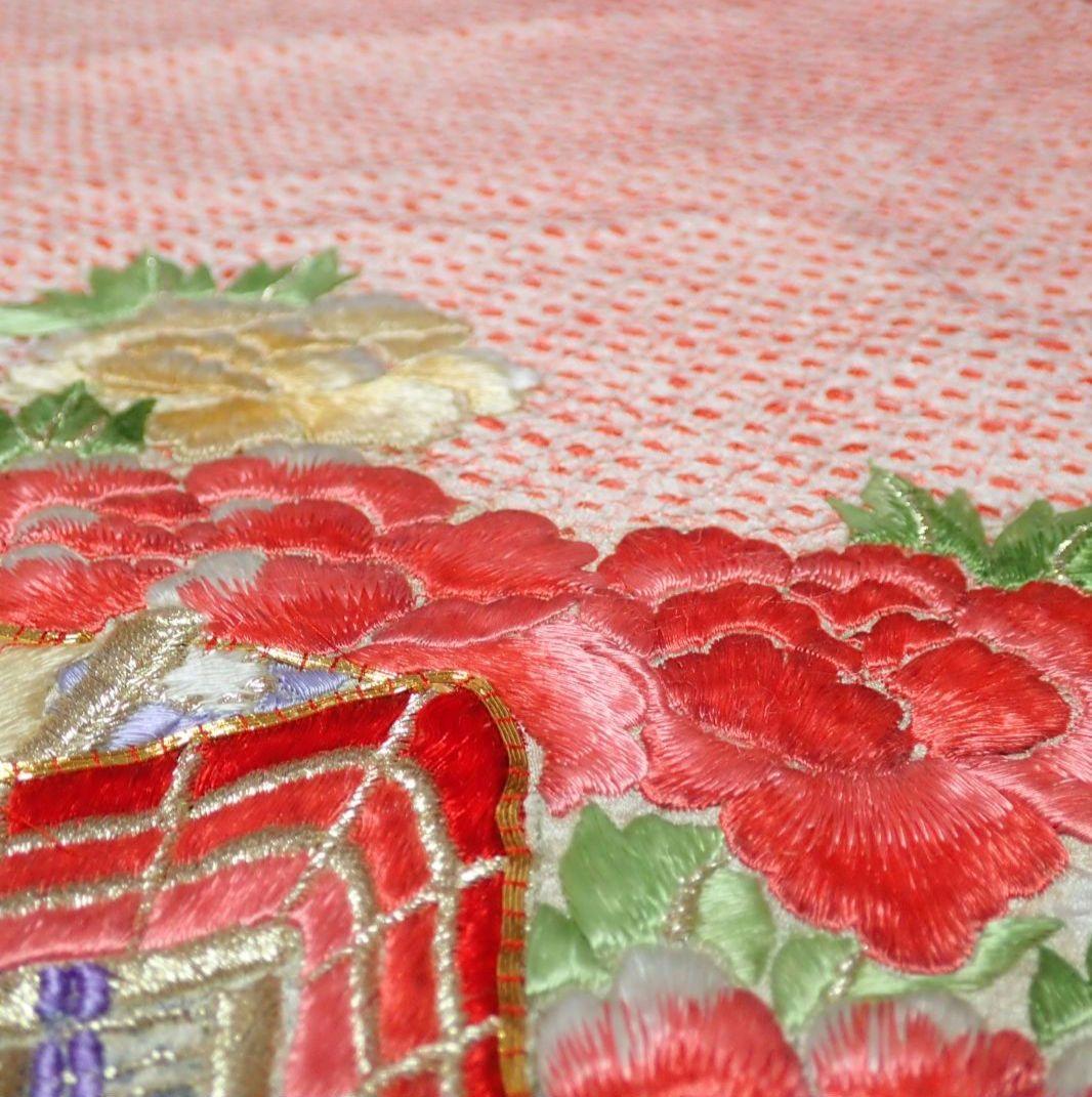 7歳　正絹赤総絞り刺繍御所車牡丹　七五三　お着物フルセット　アンティーク