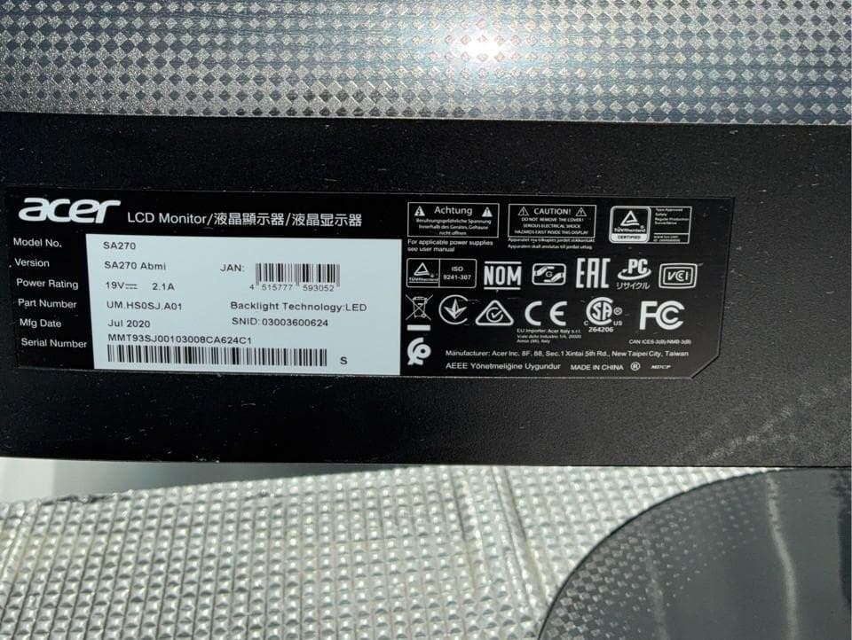 Acer SA270 LEDモニター フルHD IPSパネル 2020年製