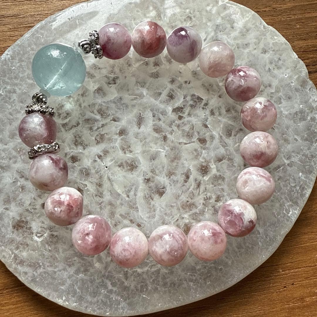 可愛いピンクレピドライトシリカとアクアマリンのブレス❥