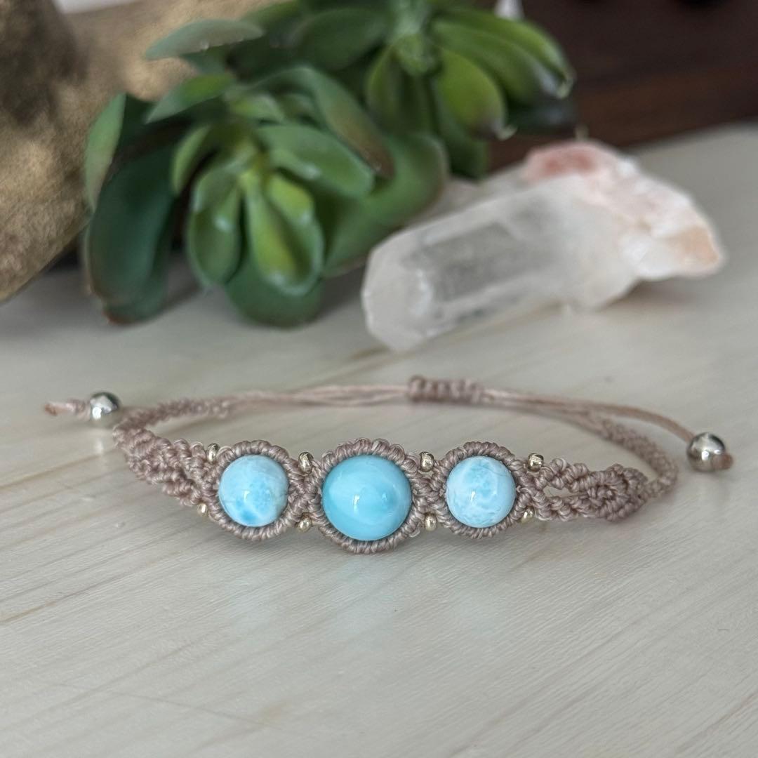 ラリマー ブレスレット ３連10mm 8mm マクラメ 高品質 ドミニカ　一点物