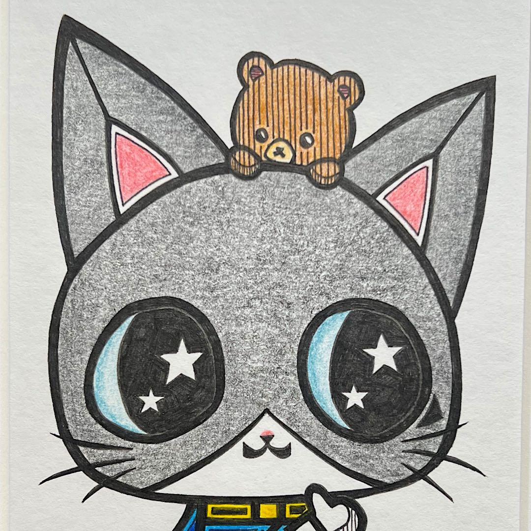 戦隊ヒーロー 原画 絵 手描き 癒し 猫 アート 一点物 額縁付 『ブルー』