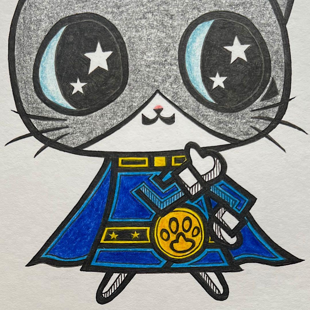 戦隊ヒーロー 原画 絵 手描き 癒し 猫 アート 一点物 額縁付 『ブルー』