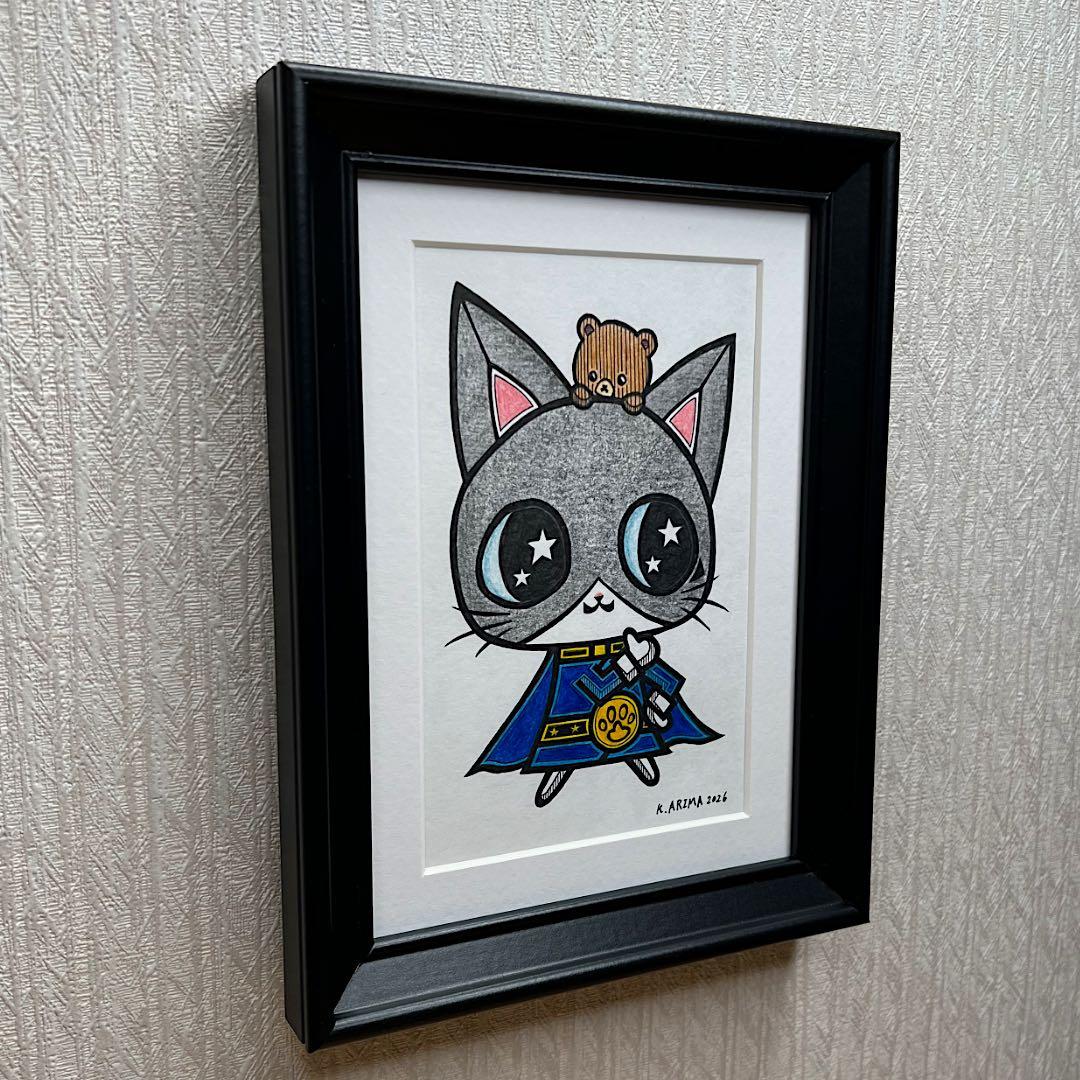 戦隊ヒーロー 原画 絵 手描き 癒し 猫 アート 一点物 額縁付 『ブルー』