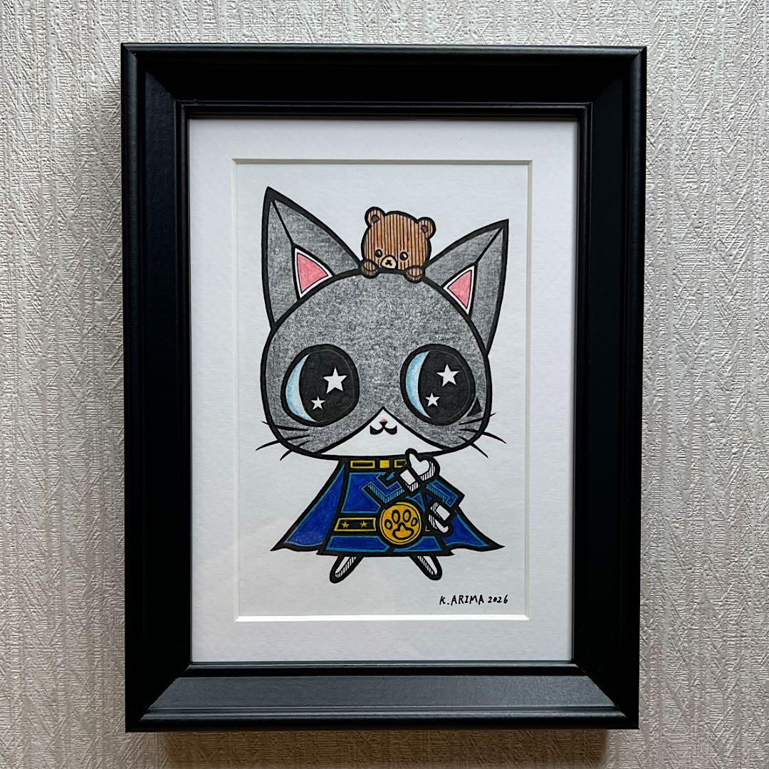 戦隊ヒーロー 原画 絵 手描き 癒し 猫 アート 一点物 額縁付 『ブルー』