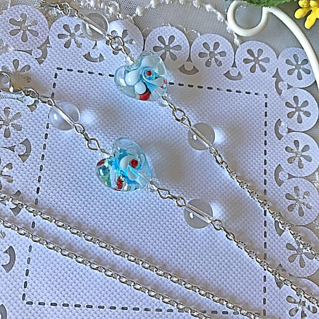 ♪❤️ ランプワーク　ハート　ブルー　ガラスビーズ　マスクチェーン