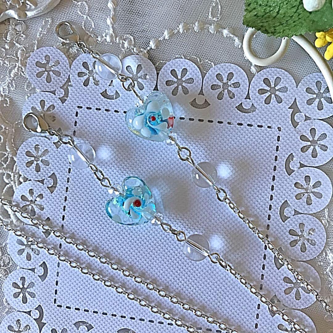 ♪❤️ ランプワーク　ハート　ブルー　ガラスビーズ　マスクチェーン