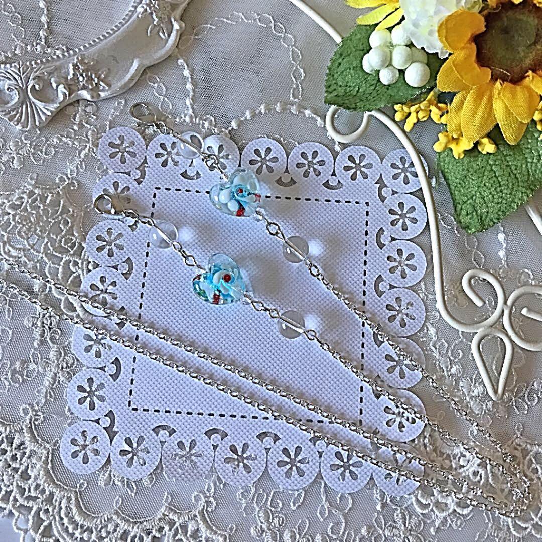 ♪❤️ ランプワーク　ハート　ブルー　ガラスビーズ　マスクチェーン