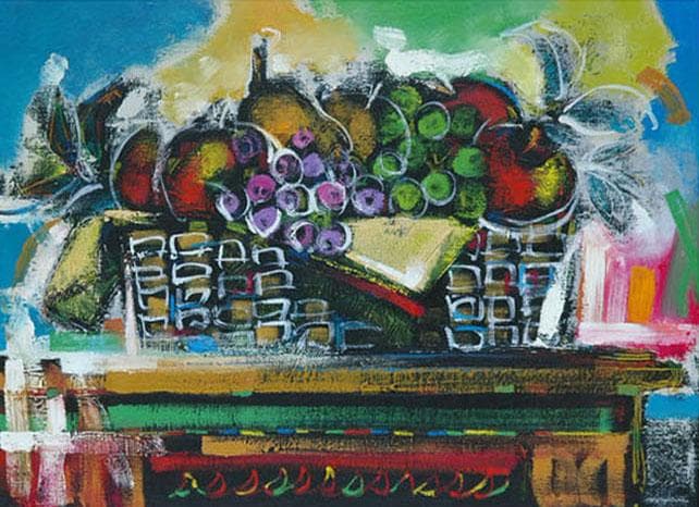 油絵 菅家令子 絵 絵画インテリア額付(青緑＋金色の枠)uF6-120109果物