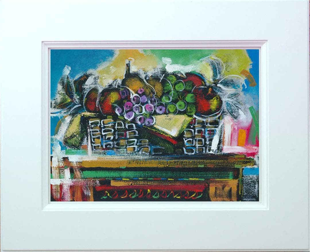 油絵 菅家令子 絵 絵画インテリア額付(青緑＋金色の枠)uF6-120109果物