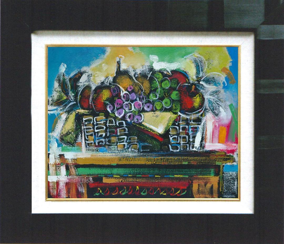 油絵 菅家令子 絵 絵画インテリア額付(青緑＋金色の枠)uF6-120109果物