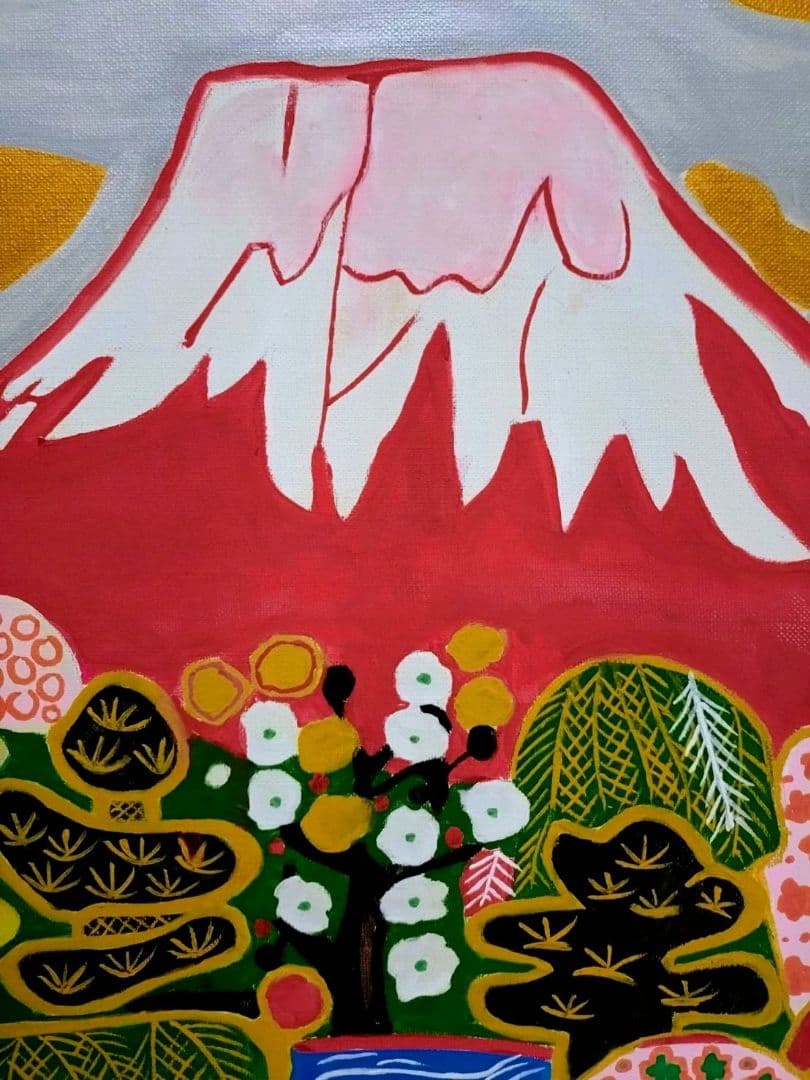 【F6号】片岡球子【花咲く富士】手描き作品/サイン有/油彩/アクリル/額縁/額装
