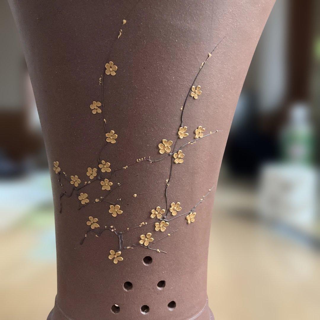 宜興陶器、花模様フラワーベース