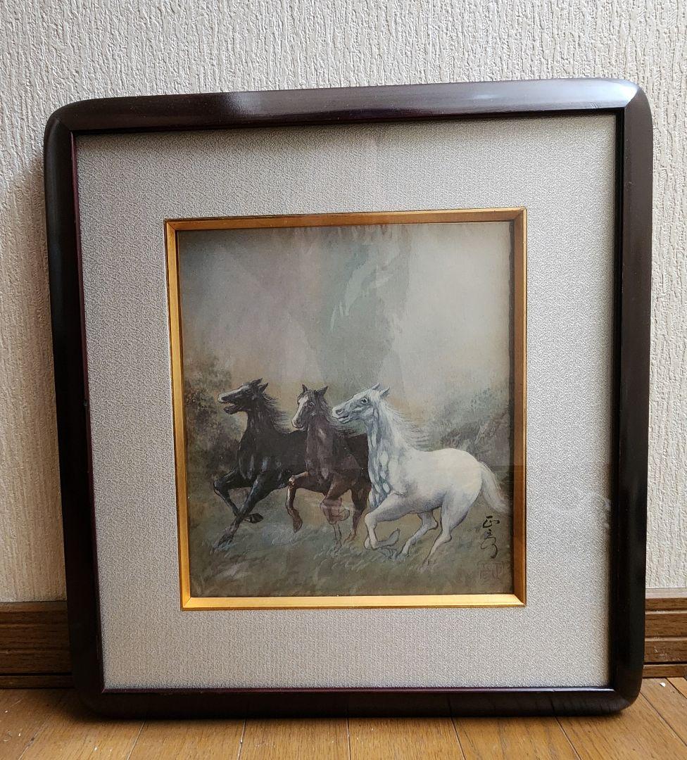 昭和レトロ色紙絵 馬の絵画 額装済み 50×60cm インテリアアート 正彦落款