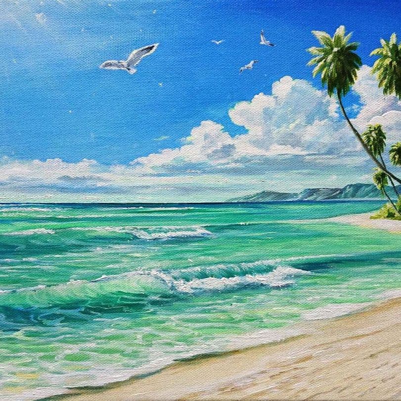 【エメラルドグリーンの海】アクリル画 F3 風景画 絵画