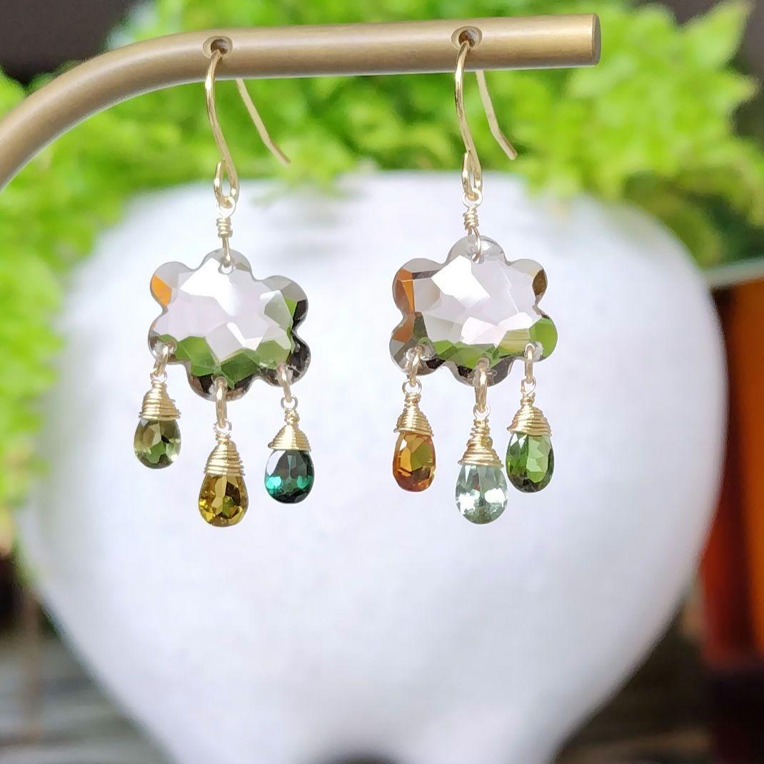 14kgf天然石ピアス　ライトカラースモーキーの雲とトルマリンのキラッキラ