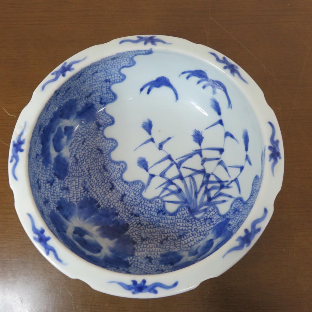 鉢 丼 微塵唐草 厚手 蛇の目 江戸 明治 ススキ 鶴