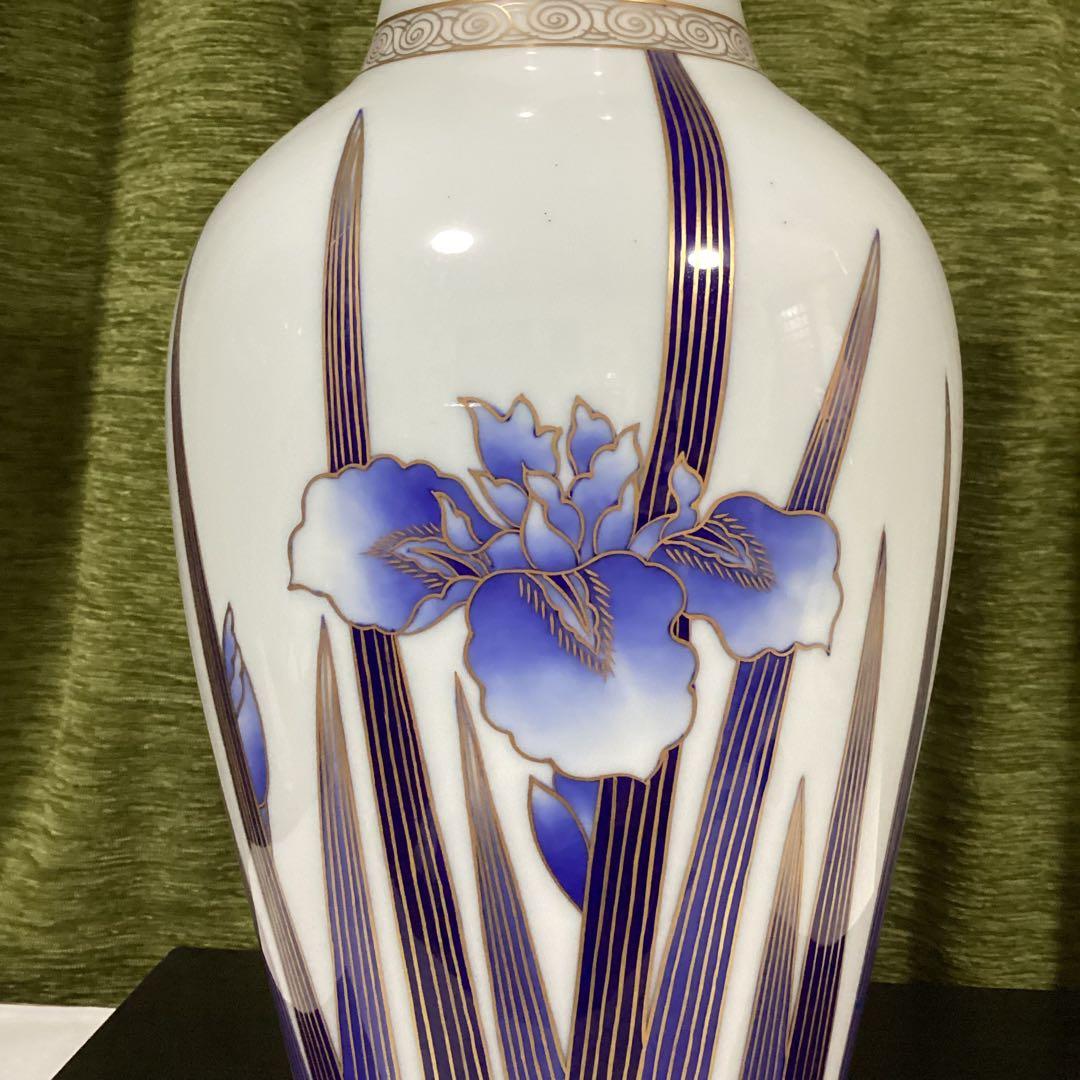 深川製磁　染錦花菖蒲絵　明治型13号花生　元箱付き