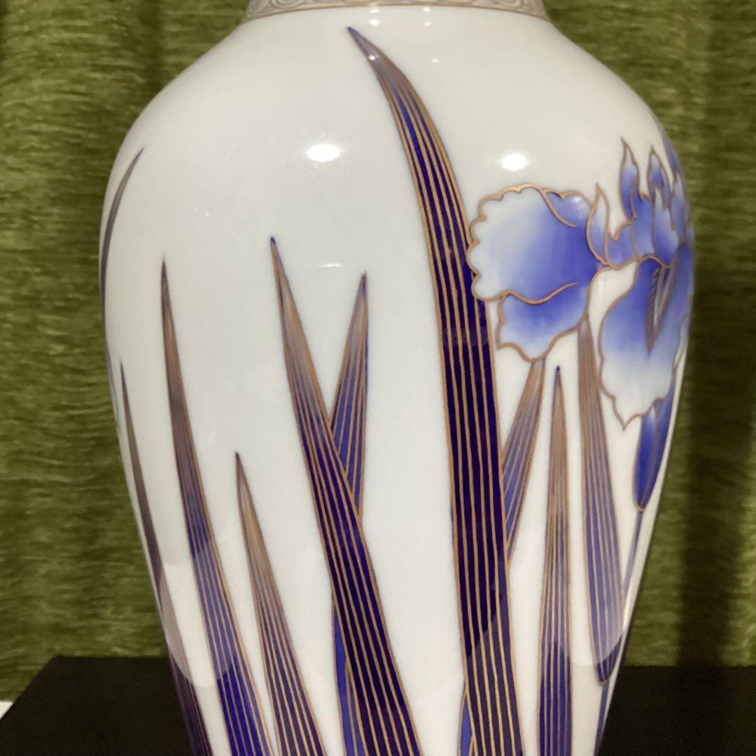 深川製磁　染錦花菖蒲絵　明治型13号花生　元箱付き