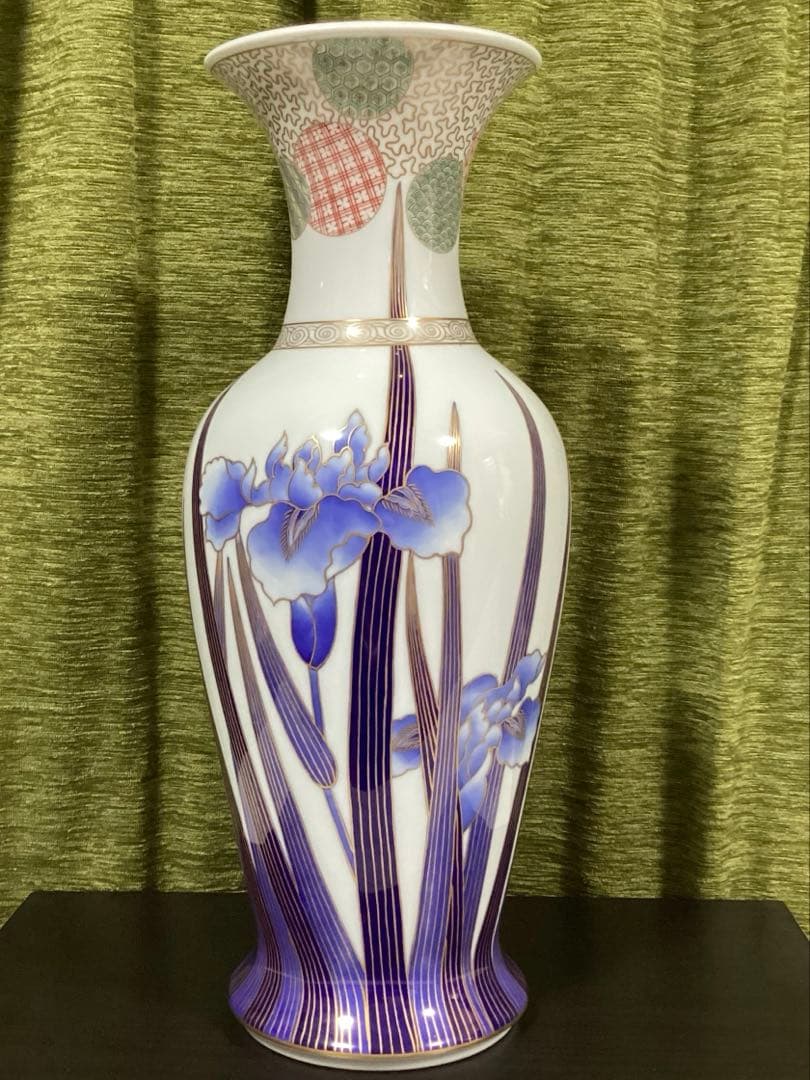 深川製磁　染錦花菖蒲絵　明治型13号花生　元箱付き