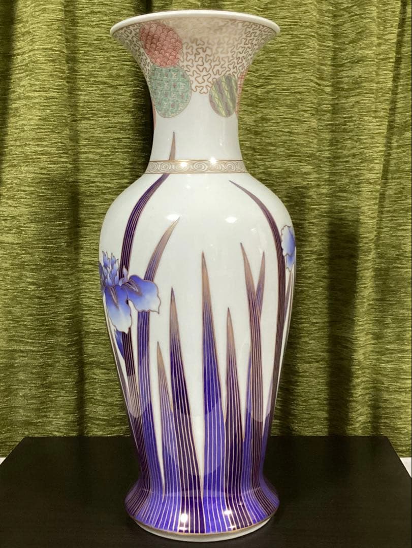 深川製磁　染錦花菖蒲絵　明治型13号花生　元箱付き