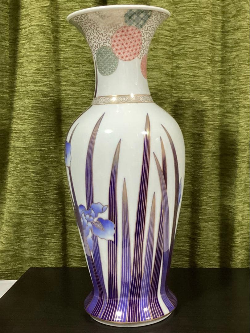 深川製磁　染錦花菖蒲絵　明治型13号花生　元箱付き