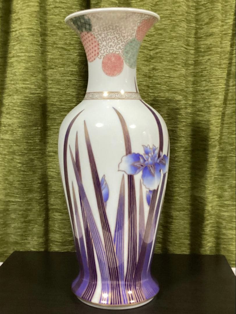 深川製磁　染錦花菖蒲絵　明治型13号花生　元箱付き