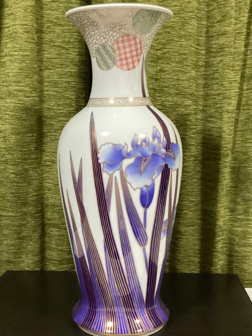 深川製磁　染錦花菖蒲絵　明治型13号花生　元箱付き