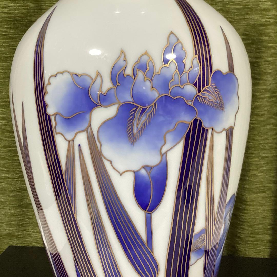 深川製磁　染錦花菖蒲絵　明治型13号花生　元箱付き