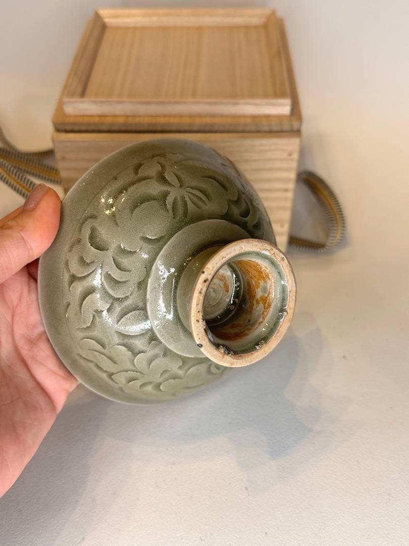 宋代 耀州窯 高台 小杯 青磁 共箱付 中国古陶磁 コレクション