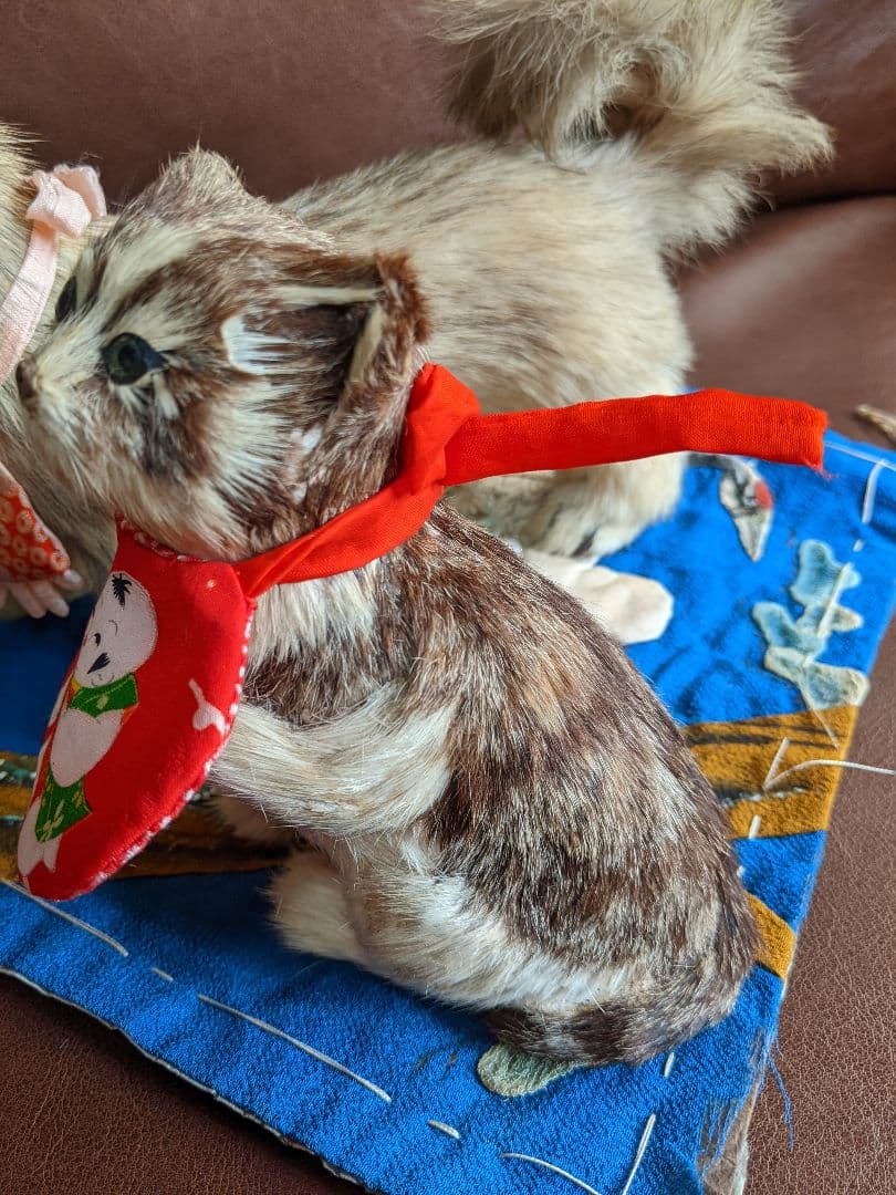 アンティーク・骨董　古い毛植え人形　朕・猫セット　検)市松人形・雛人形