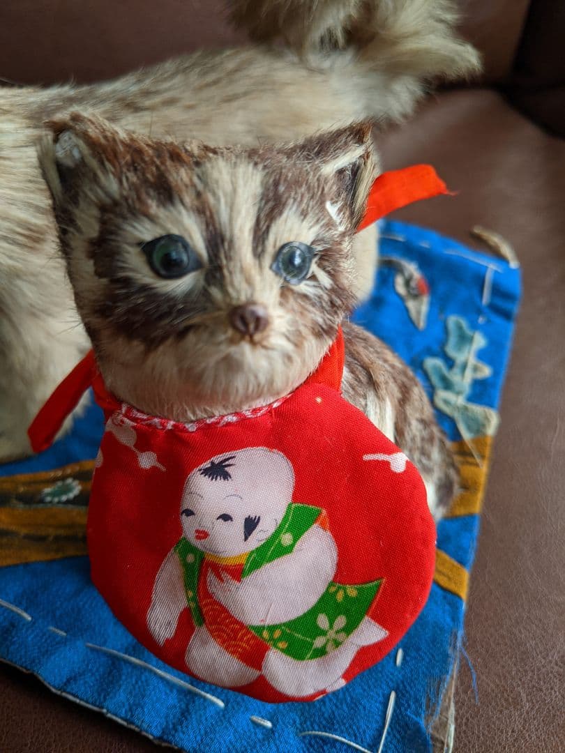 アンティーク・骨董　古い毛植え人形　朕・猫セット　検)市松人形・雛人形