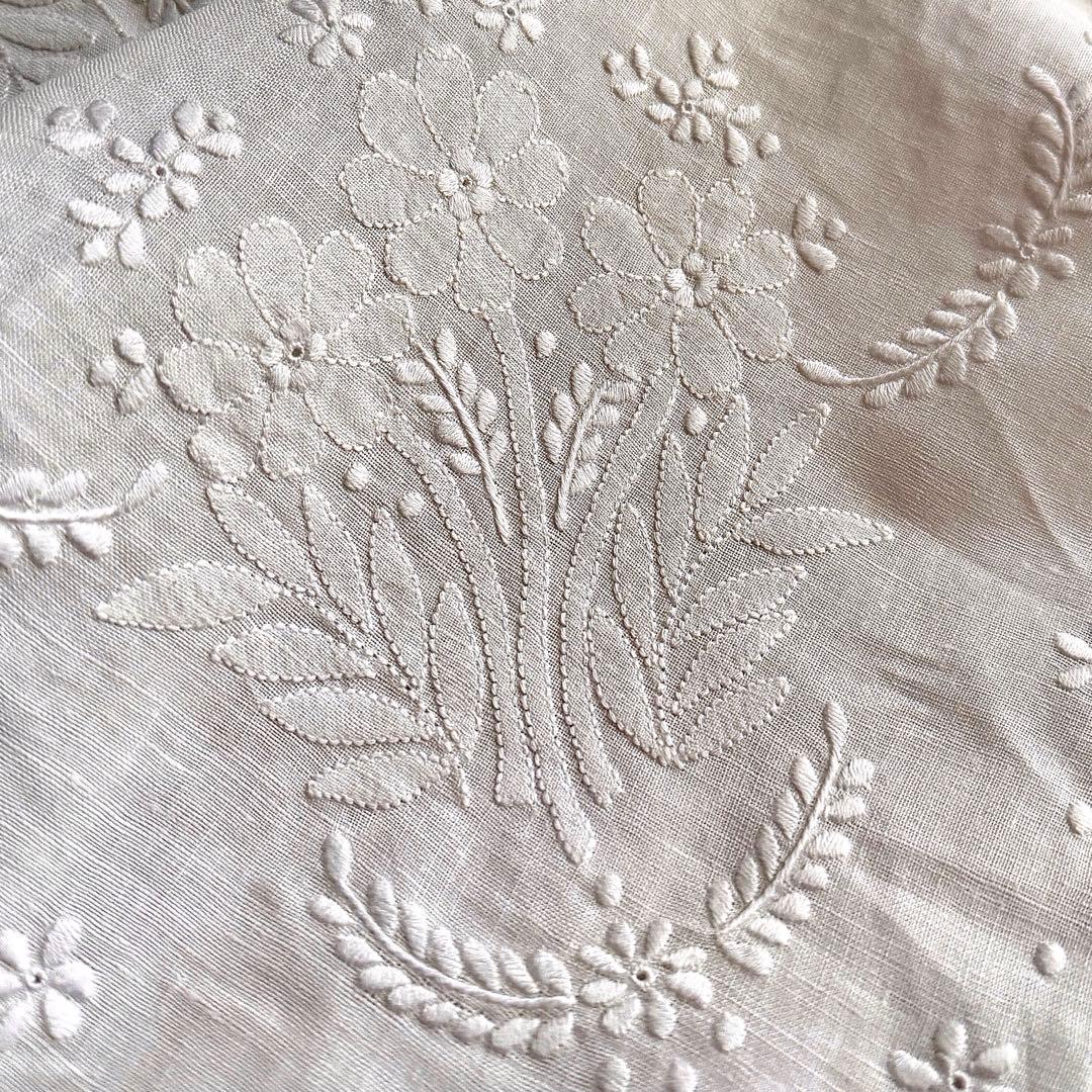 ヴィンテージ リネン テーブルクロス 白糸刺繍 カットワーク シャドーワーク