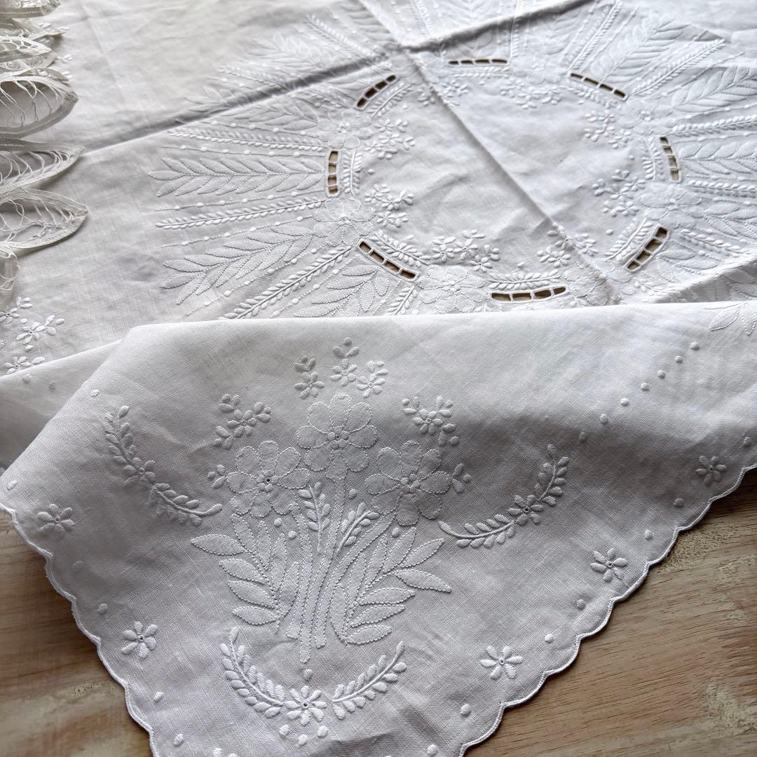 ヴィンテージ リネン テーブルクロス 白糸刺繍 カットワーク シャドーワーク