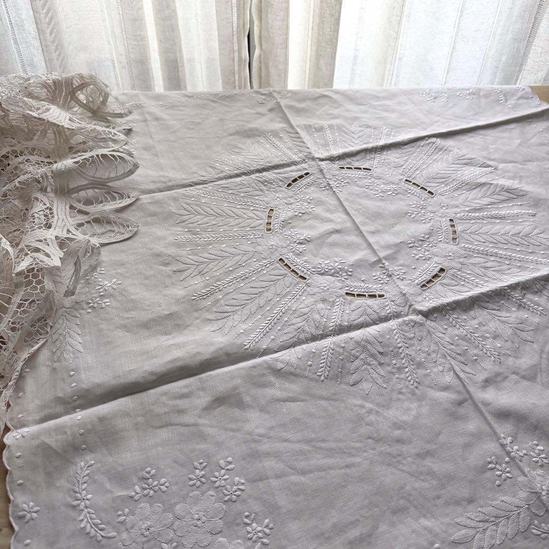 ヴィンテージ リネン テーブルクロス 白糸刺繍 カットワーク シャドーワーク