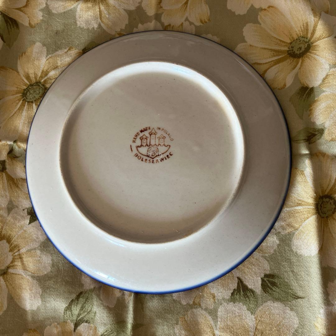 ポーリッシュポタリ、猫と猫の足跡の手描き皿 3点セット