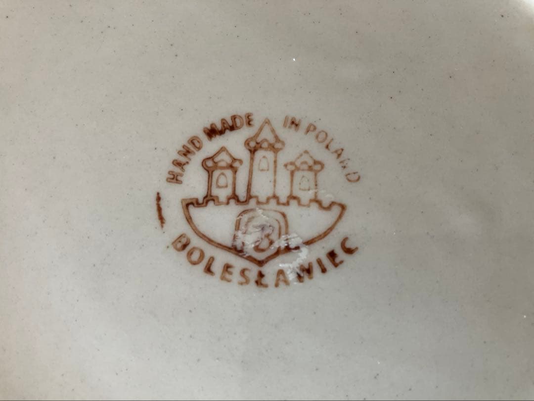 ポーリッシュポタリ、猫と猫の足跡の手描き皿 3点セット