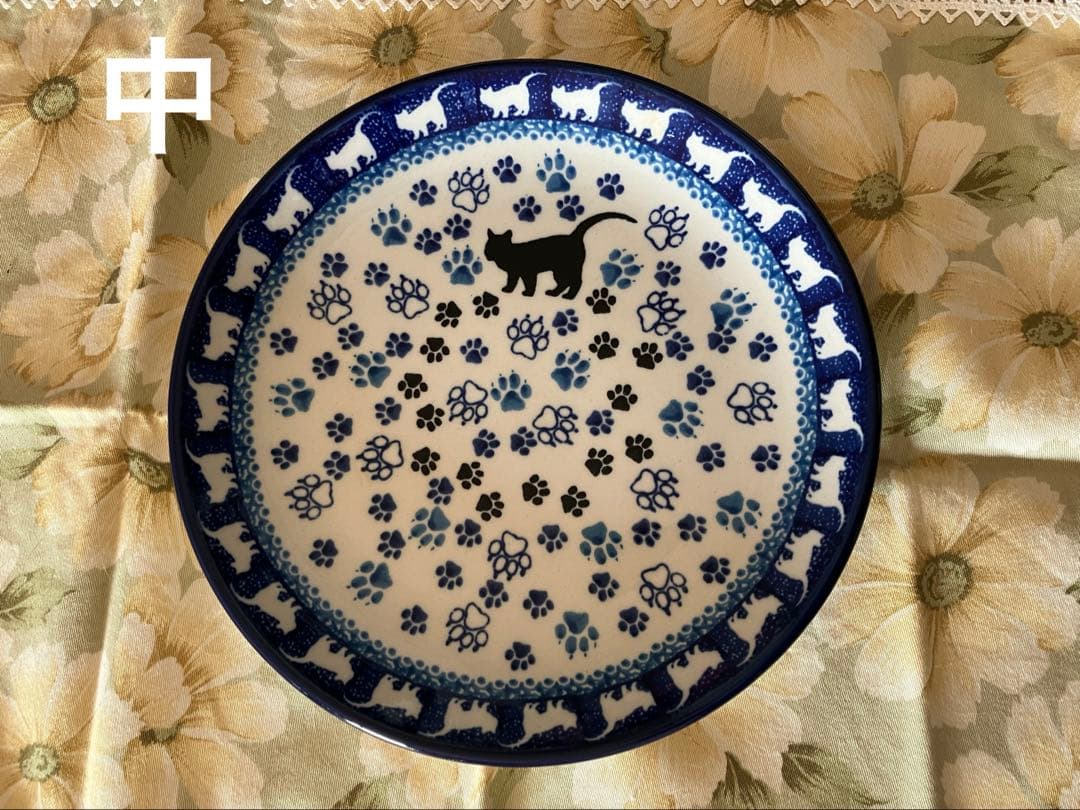 ポーリッシュポタリ、猫と猫の足跡の手描き皿 3点セット