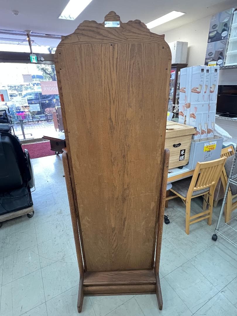【USA製】オーク無垢 スタンドミラー 高級家具 姿見 彫刻 オークウッド