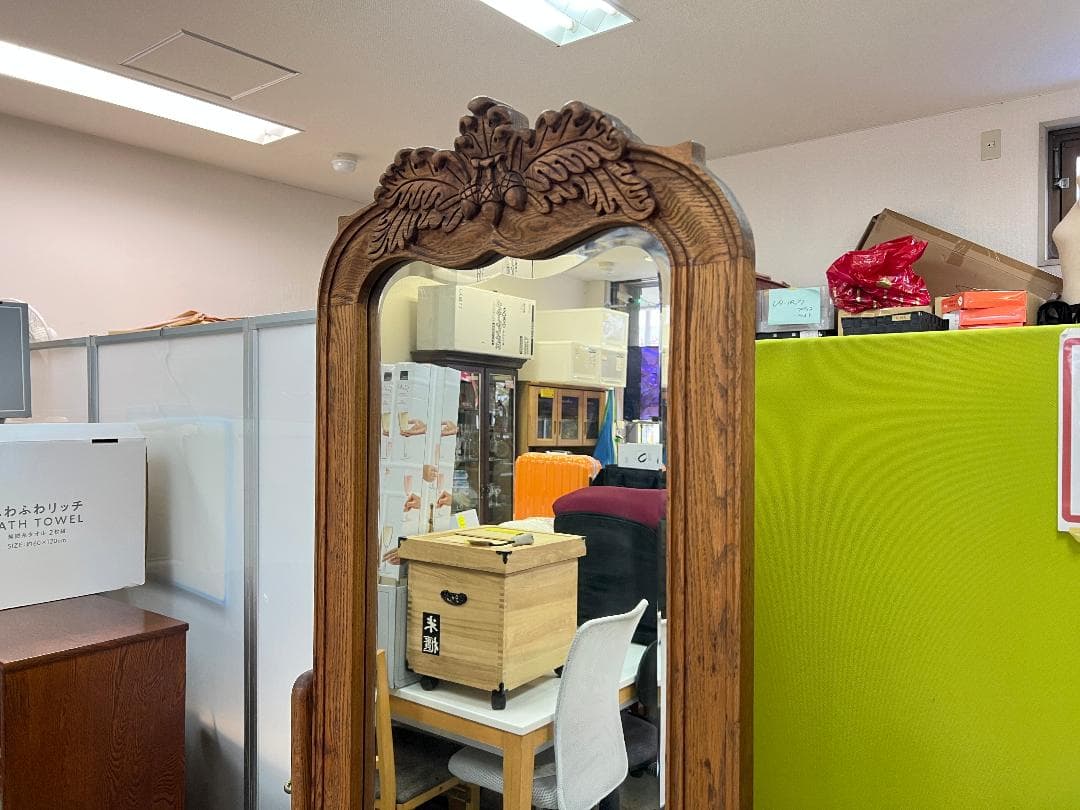 【USA製】オーク無垢 スタンドミラー 高級家具 姿見 彫刻 オークウッド