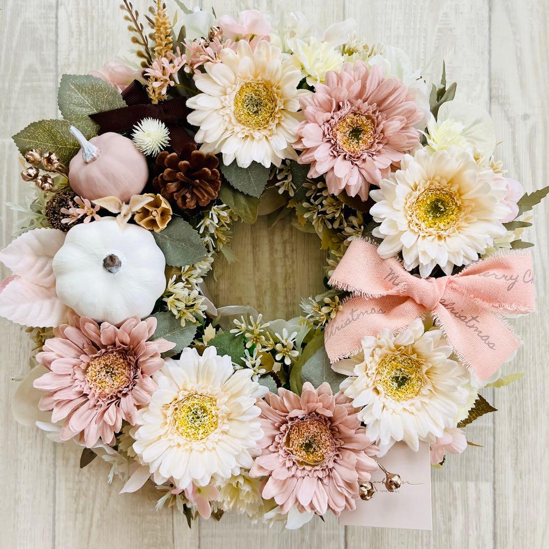 ハロウィン リース ピンクベージュ ガーベラ 秋リース フラワーリース 可愛い