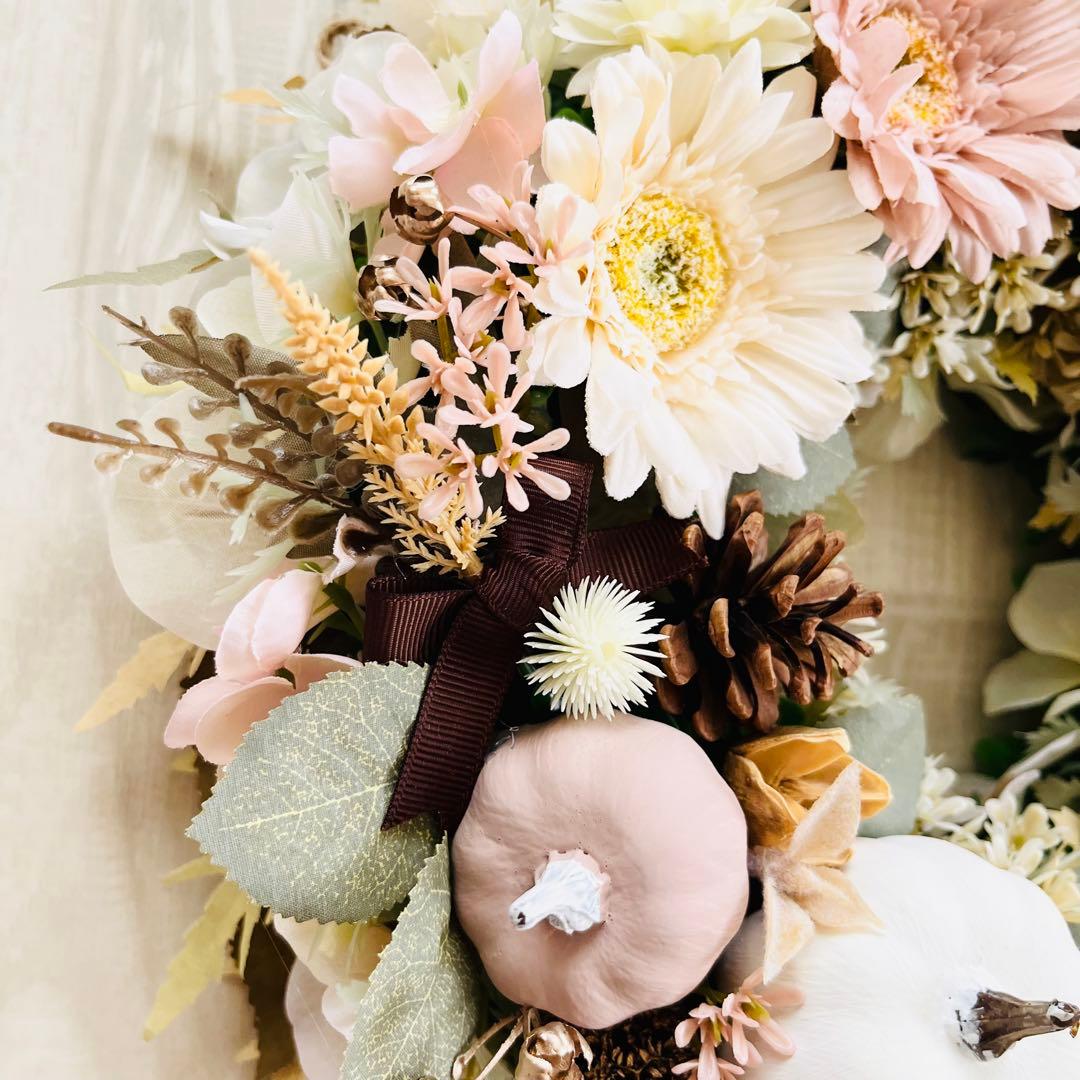 ハロウィン リース ピンクベージュ ガーベラ 秋リース フラワーリース 可愛い