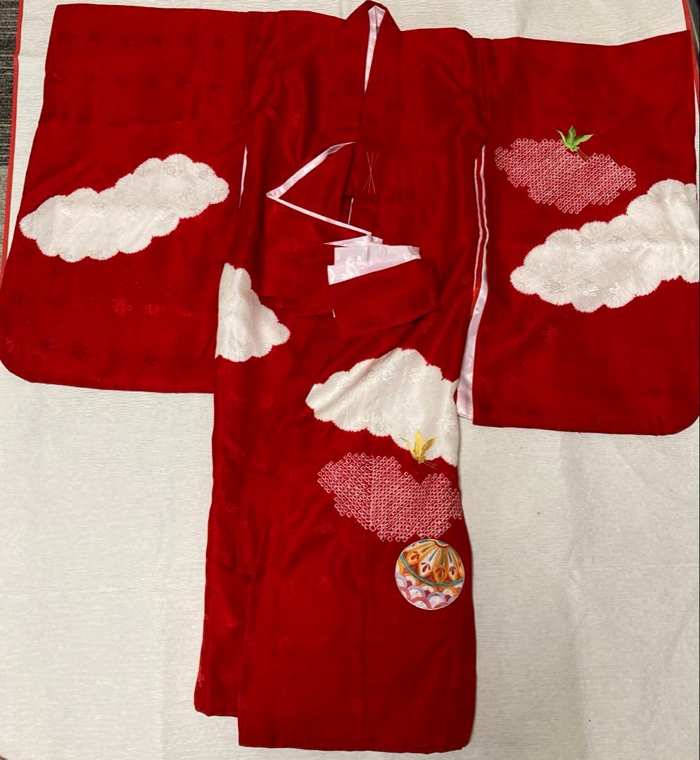 七五三 ３歳 女の子 正絹 着物長襦袢セット 絞り 赤白 金刺繍 熨斗目